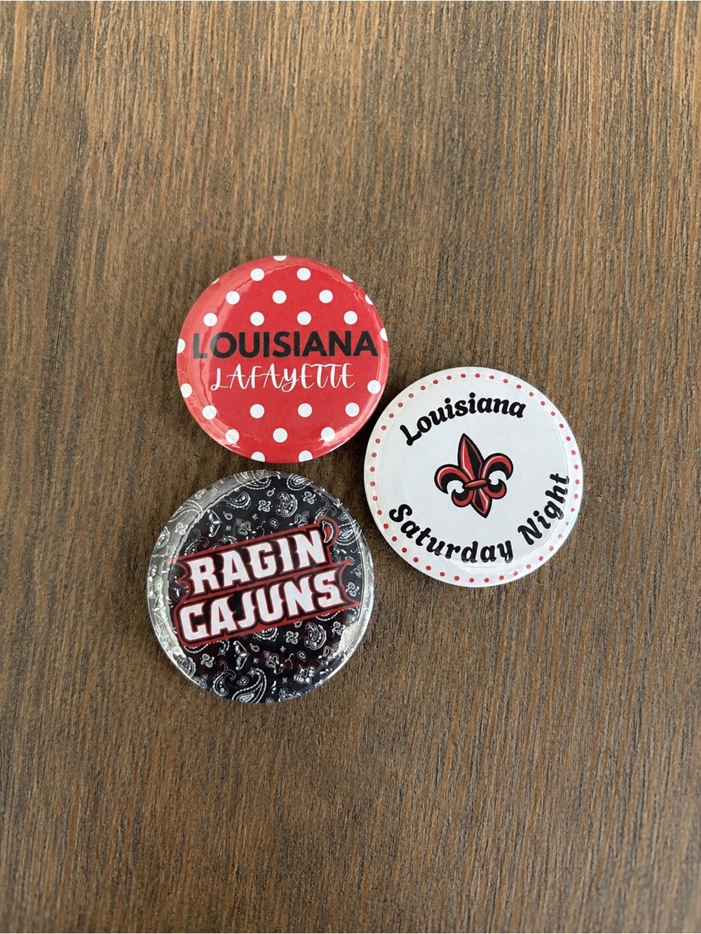 Louisiana Ragin' Cajuns Red & White Button Set (Can Customize to any school)